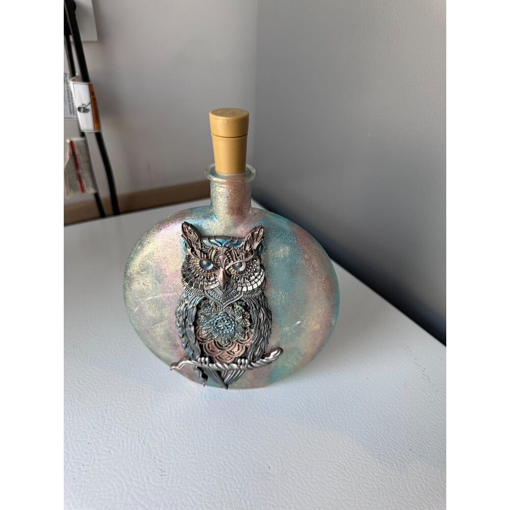 Handmade Mixed Media Steampunk Owl Light-Up Potion Bottle Decor / Iridescent Fai